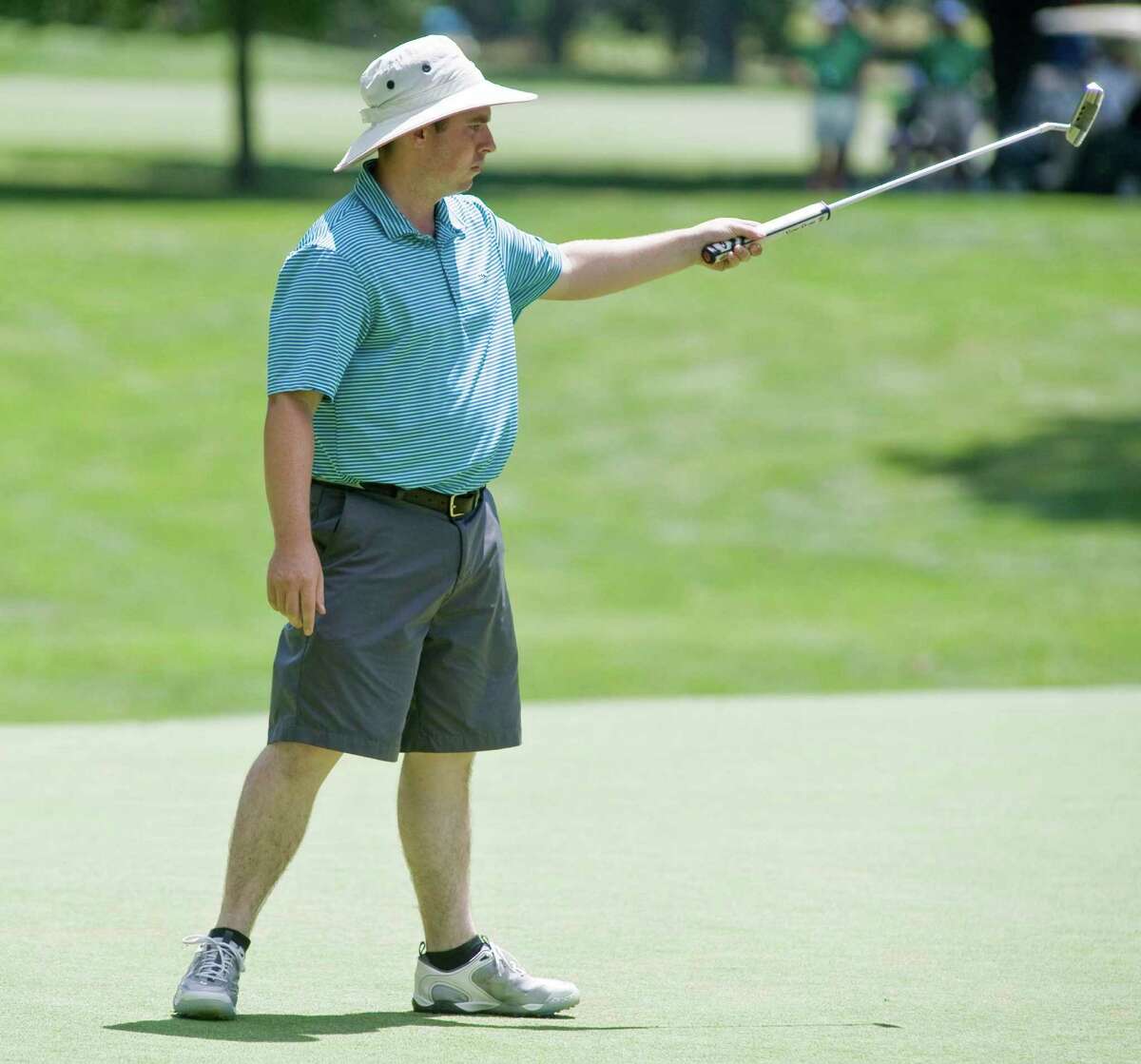 William Street of Whitney Farms GC thinks his putt is going to drop during the final round of the Connecticut Open golf tournament at Woodway CC in Darien. Wednesday, July 27, 2016