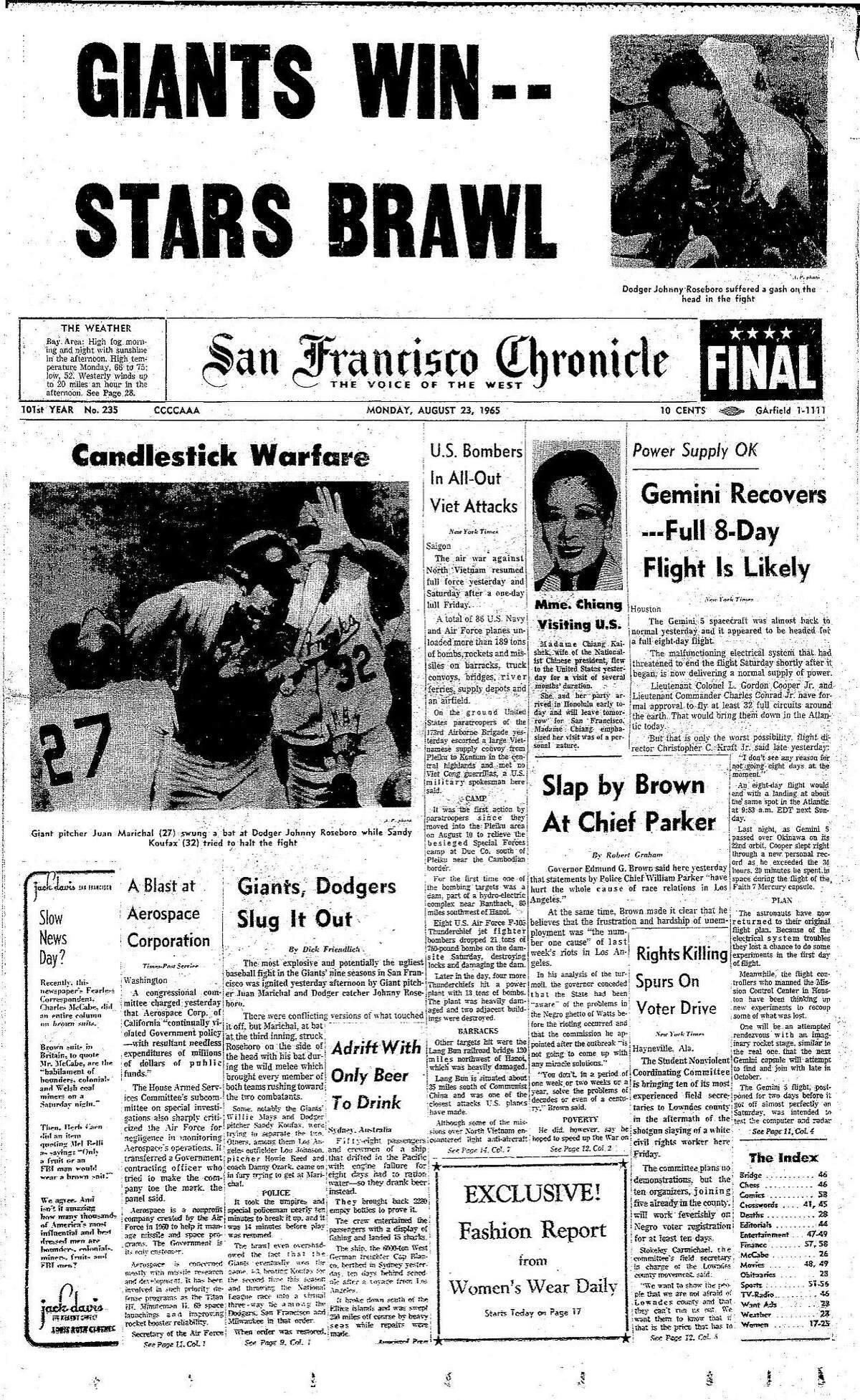 Historic Chronicle Front Page August 23, 1965 The Giants Juan Marichal and the Dodgers Johnny Roseboro would brawl, with Marichal striking Roseboro in the head Chron365, Chroncover