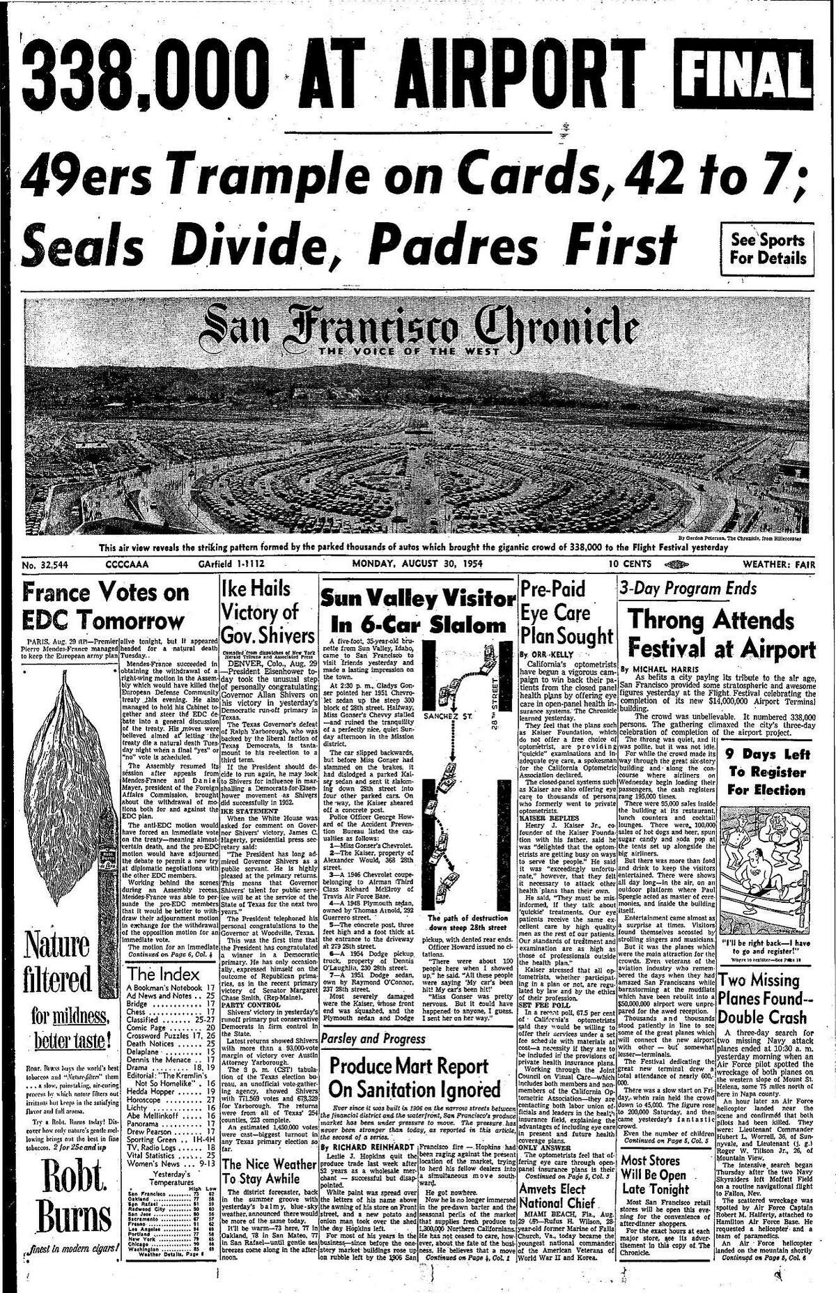 Historic Chronicle Front Page August 28, 1954 San Francisco dedicates new airport terminal Chron365, Chroncover