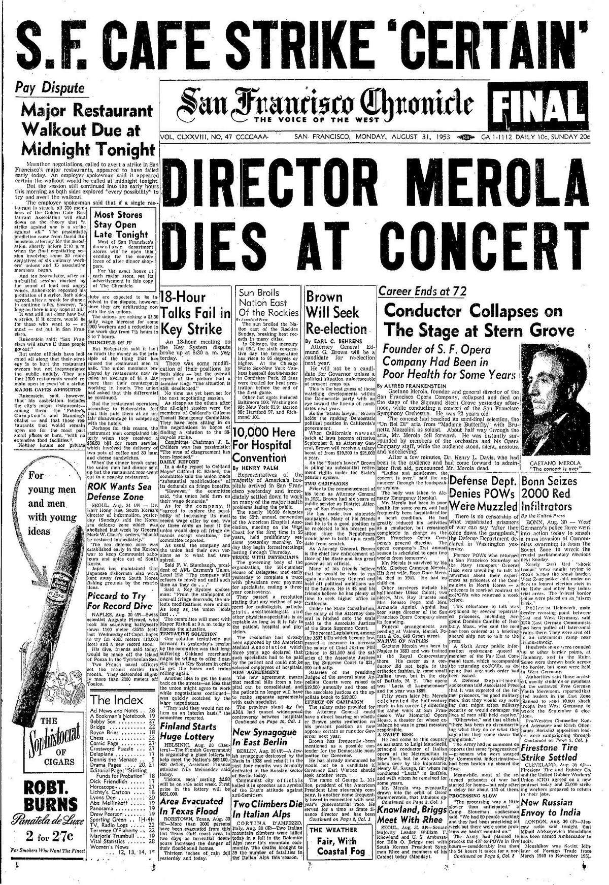 历史编年史头版1953年8月31日旧金山歌剧院指挥在西格蒙德斯特恩公园的指挥台上昏倒