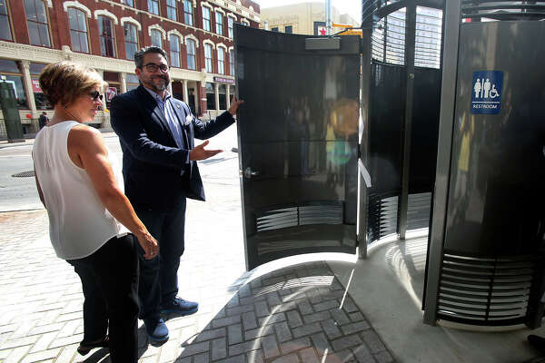 State Of The Art Bathroom Kiosk Is Open For You To Do Your Business 1of9district 1 Councilman Roberto Treviño With City Manager Sheryl Sculley Introduces The New Public Restroom That Was Installed In Heart Of Downtown