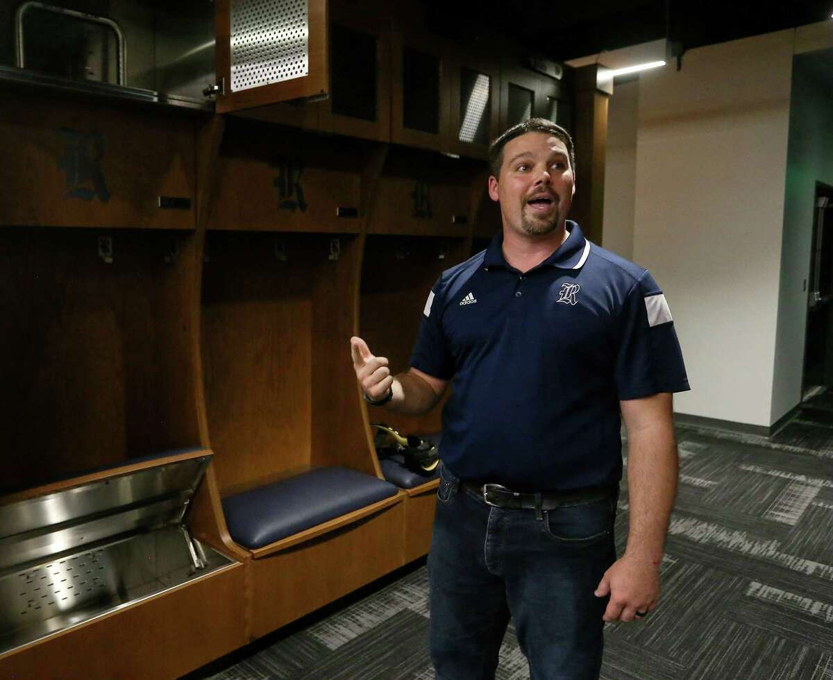 Ryan Bucher, assistant athletic director for facilities and events, speaks about the team locker room at the Brian Patterson Sports Performance Center, during a media tour, at Rice University, Friday, July 29, 2016, in Houston.