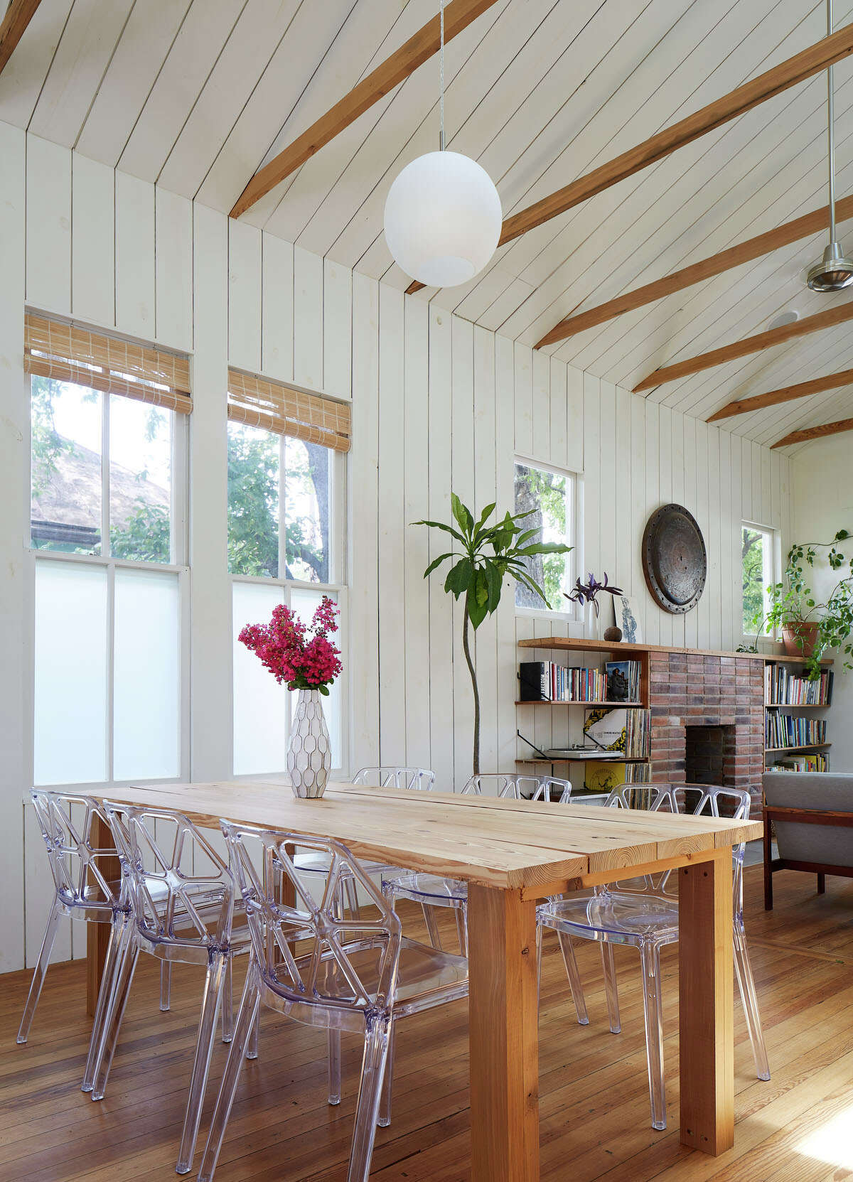 The dining room table was made of wood reclaimed from another part of the house.