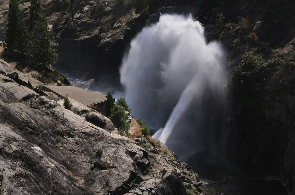Water from Hetch Hetchy reservoir is shot out of a pipe into the Tuolumne RIver downstream in Yosemite National Park, California, on Thurs. July 28, 2016. Mountain Tunnel, a key piece of the Hetch Hetchy water system is at risk of collapse, so this summer, the San Francisco Public Utilities Commission is preparing to repair the 19-mile-long tunnel just outside of Yosemite in a steep, hard-to-access wilderness area.