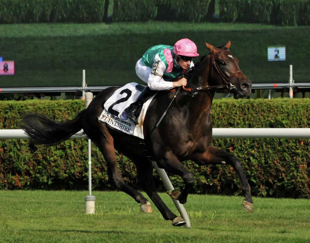 Flintshire, ridden by Jockey Vincent Cheminaud, wins the Sword Dancer Stakes at Saratoga Race Course on Saturday, Aug. 29, 2015, in Saratoga Springs, N.Y. (Phoebe Sheehan/Special to The Times Union)