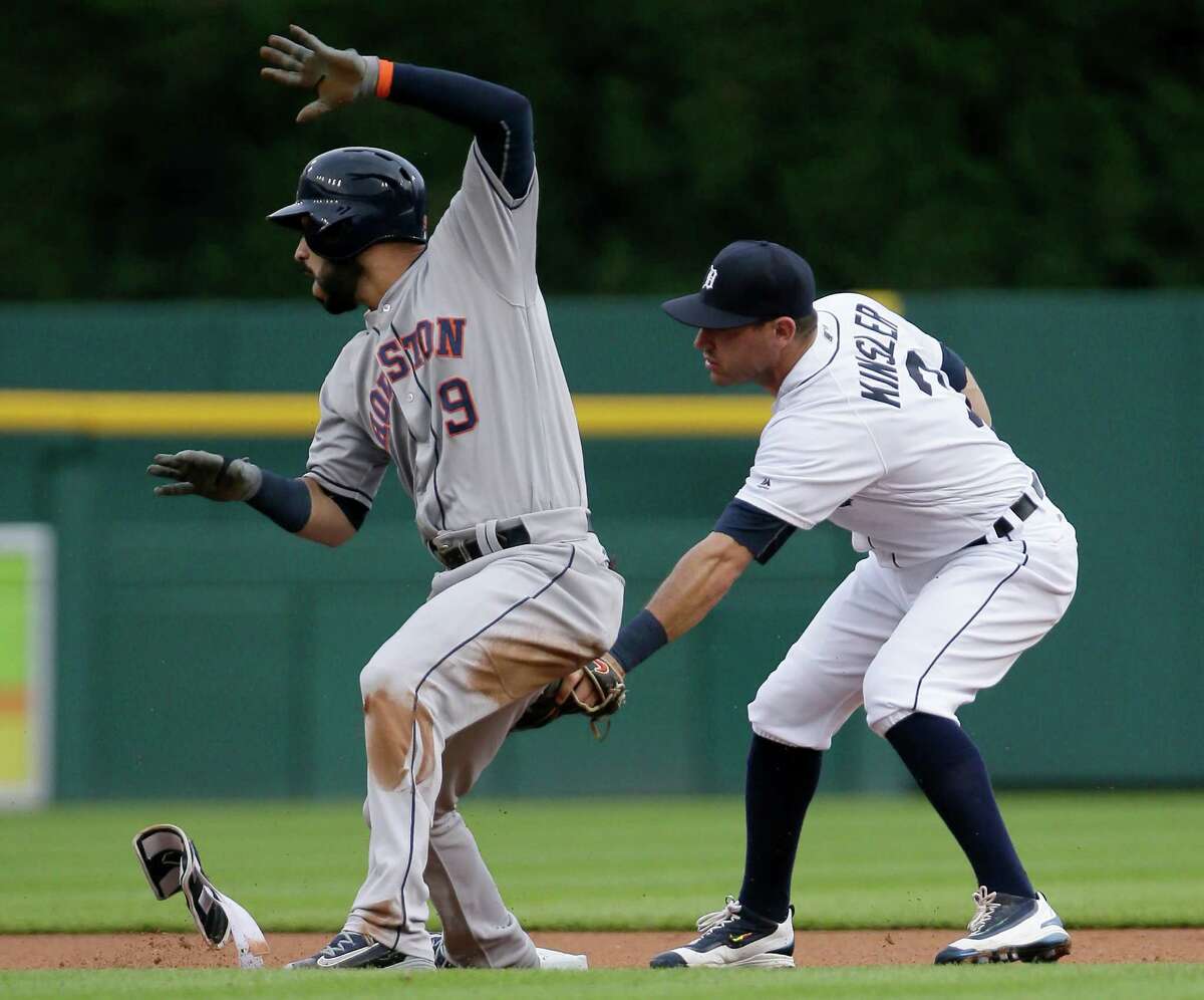 June 18, 2016: Houston Astros first baseman Marwin Gonzalez (9) celebrates  in the dugout after a home run in the first inning during the the Major  League Baseball game between the Cincinnati