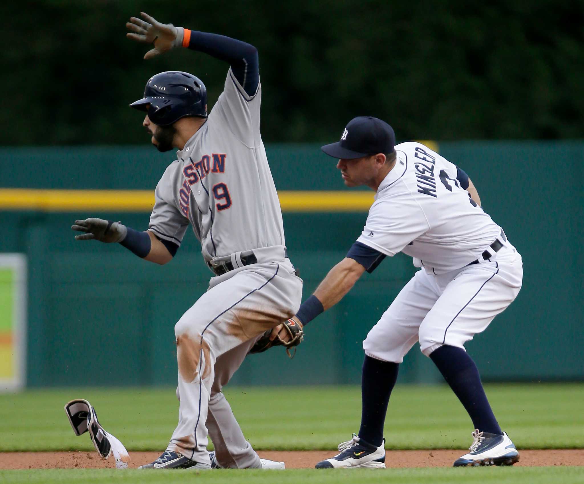 Apr 1, 2015: Kissimmee, FL, USA; Houston Astros left fielder Evan Gattis  (11) waits for the pitch during a spring training game against the Detroit  Tigers at Osceola County Stadium. Houston defeated