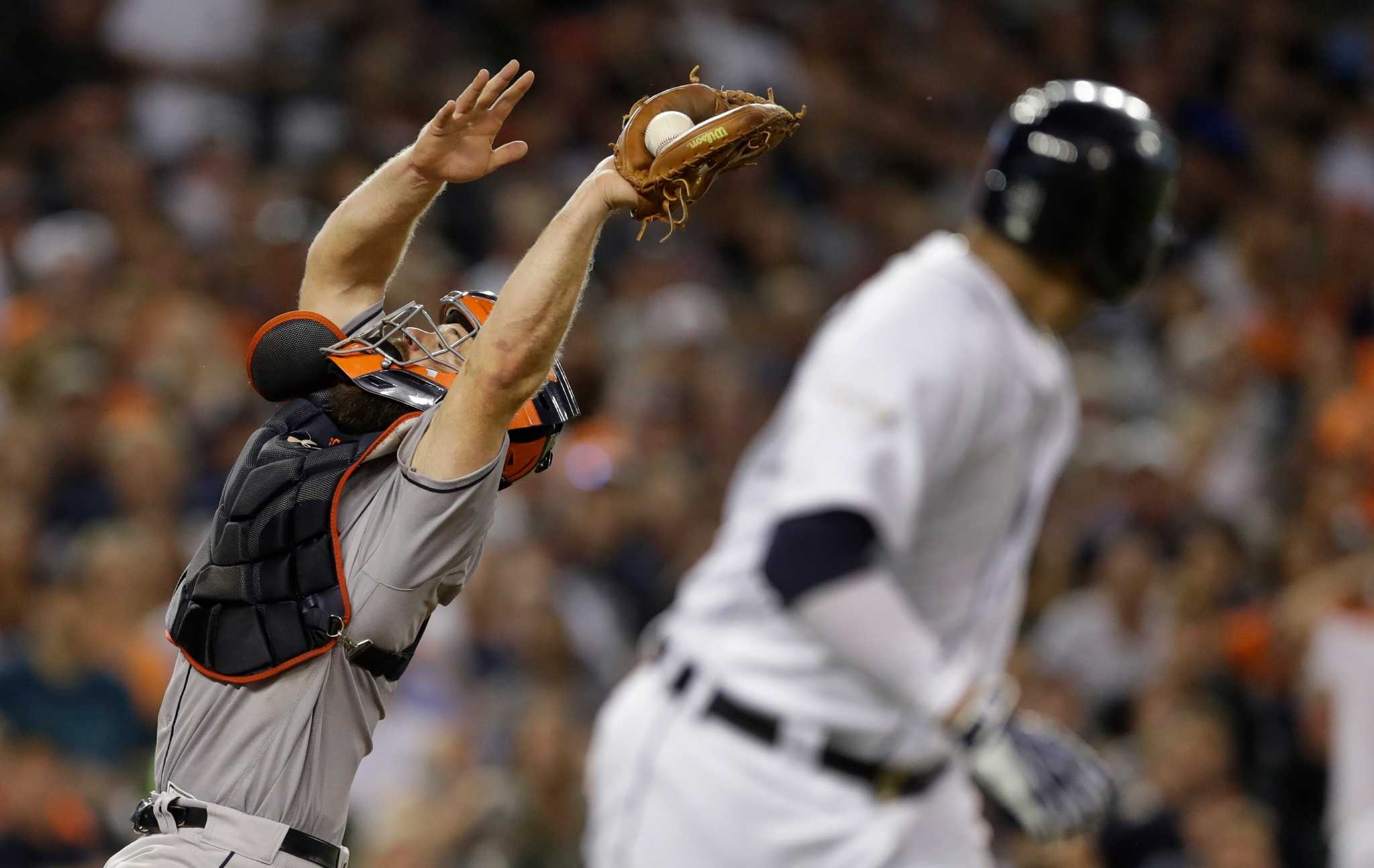 Apr 1, 2015: Kissimmee, FL, USA; Houston Astros left fielder Evan Gattis  (11) waits for the pitch during a spring training game against the Detroit  Tigers at Osceola County Stadium. Houston defeated