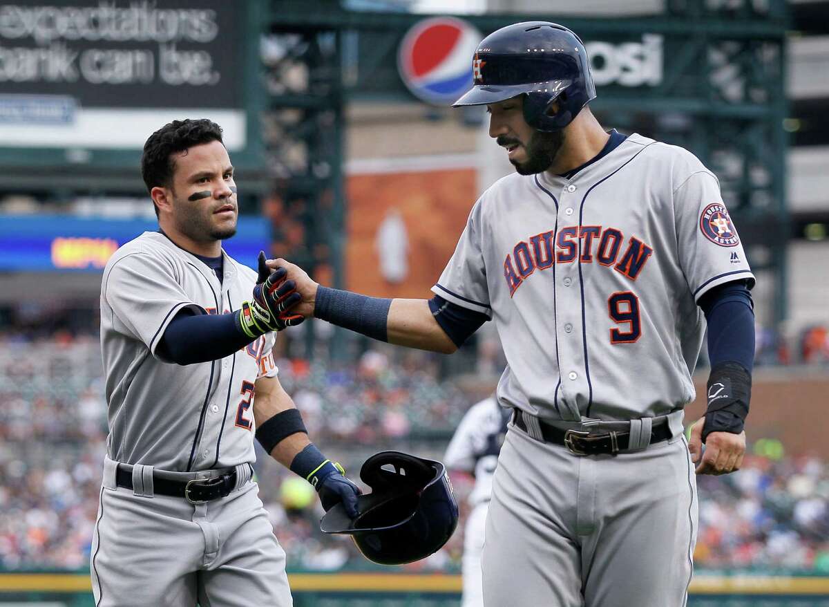 June 18, 2016: Houston Astros first baseman Marwin Gonzalez (9) celebrates  in the dugout after a home run in the first inning during the the Major  League Baseball game between the Cincinnati