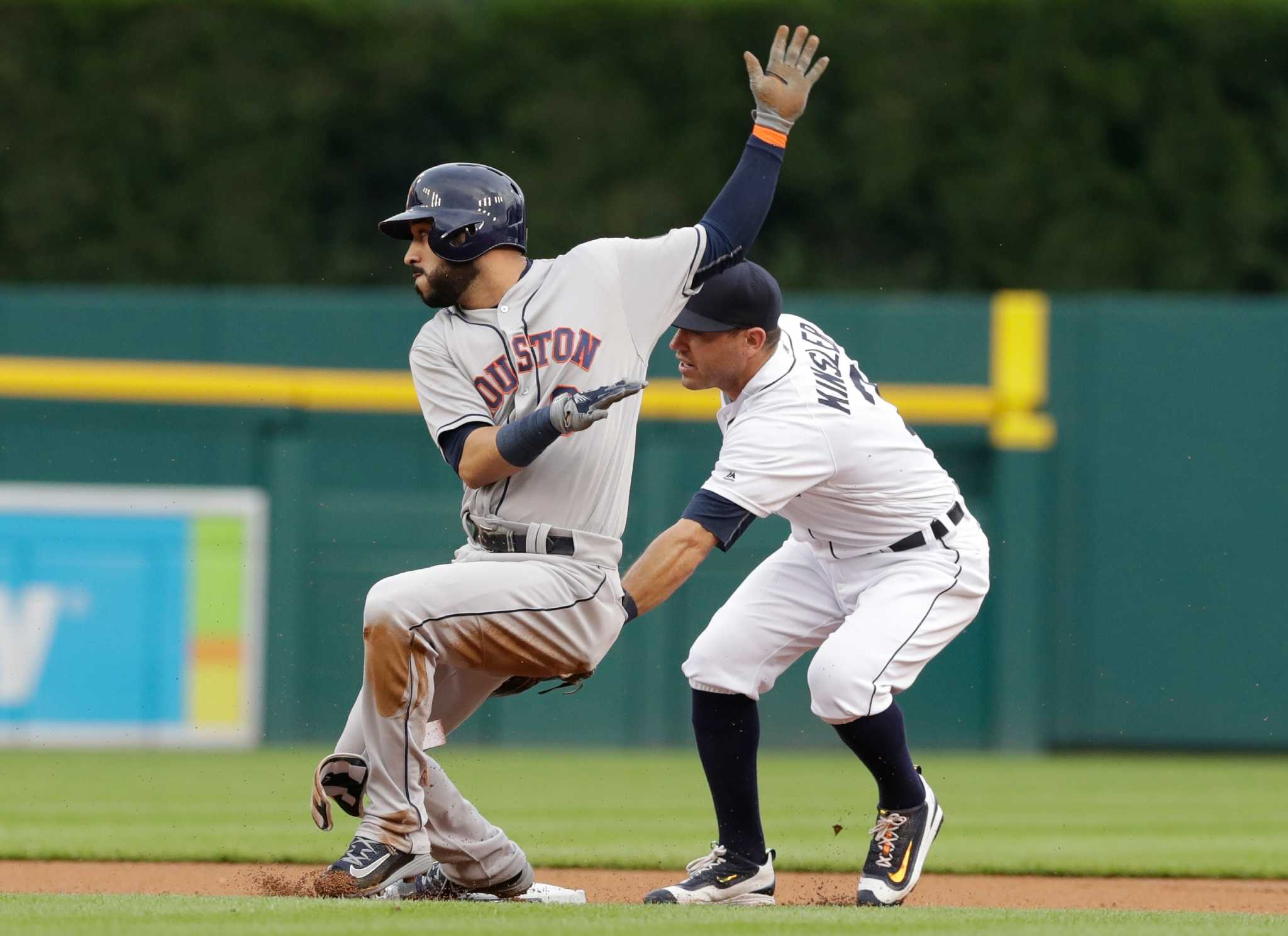 Apr 1, 2015: Kissimmee, FL, USA; Houston Astros left fielder Evan Gattis  (11) waits for the pitch during a spring training game against the Detroit  Tigers at Osceola County Stadium. Houston defeated