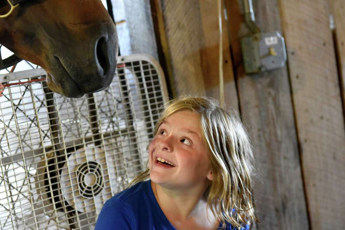 Marisa Searles, 9, of Greenfield Center has a close encounter with Yo Kiddo during the Saratoga County Horse Farm Tour on Saturday, July 30, 2016, at McMahon of Saratoga Thoroughbreds in Stillwater, N.Y. Five Equine facilities opened their doors to the public for the annual tour. (Cindy Schultz / Times Union)