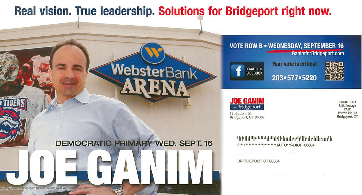 Then-candidate for mayor Joe Ganim poses in front of the Webster Bank Arena in a campaign brouchure from 2015. Ganim's first administration built the arena in the late 1990s.