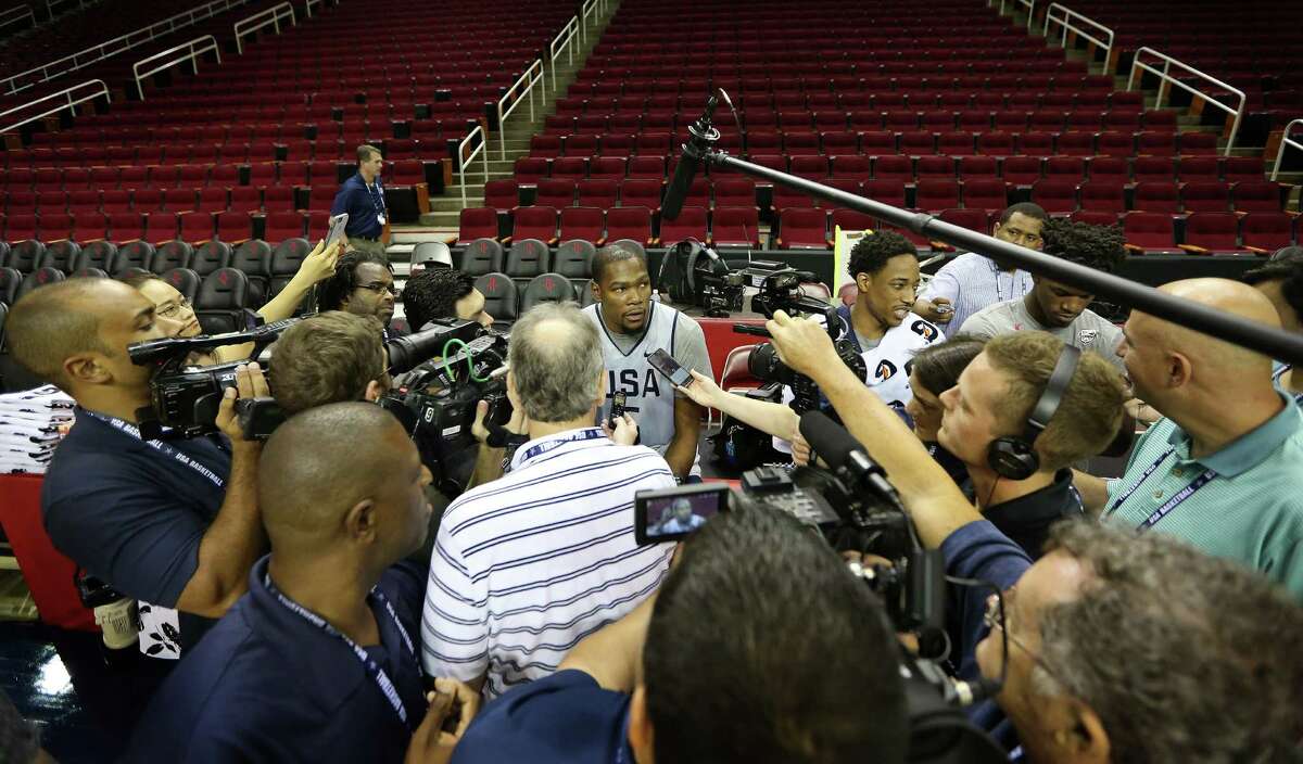 Team USA basketball player Kevin Durant became the center of attention before practice at the Toyota Center Sunday, July 31, 2016, in Houston.