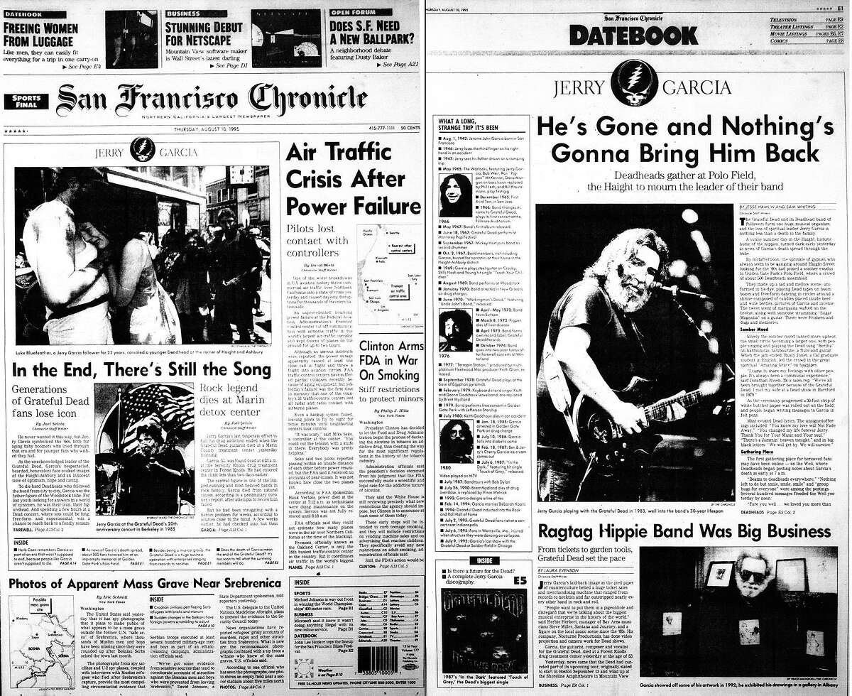 The Chronicle's front page and Datebook section cover the death of Grateful Dead frontman Jerry Garcia.