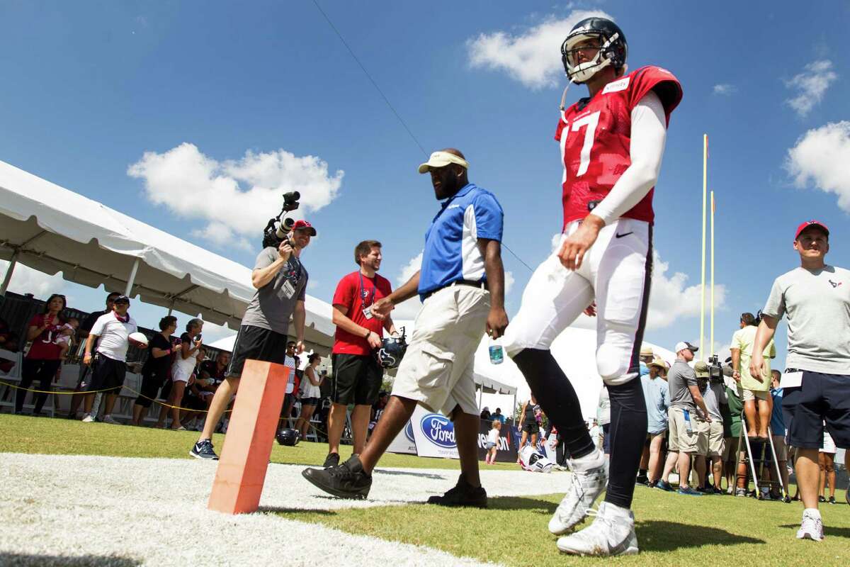 Houston Texans quarterback Brock Osweiler (17) walks off the field at the end of practice during Texans training camp at Houston Methodist Training Center on Tuesday, Aug. 2, 2016, in Houston.