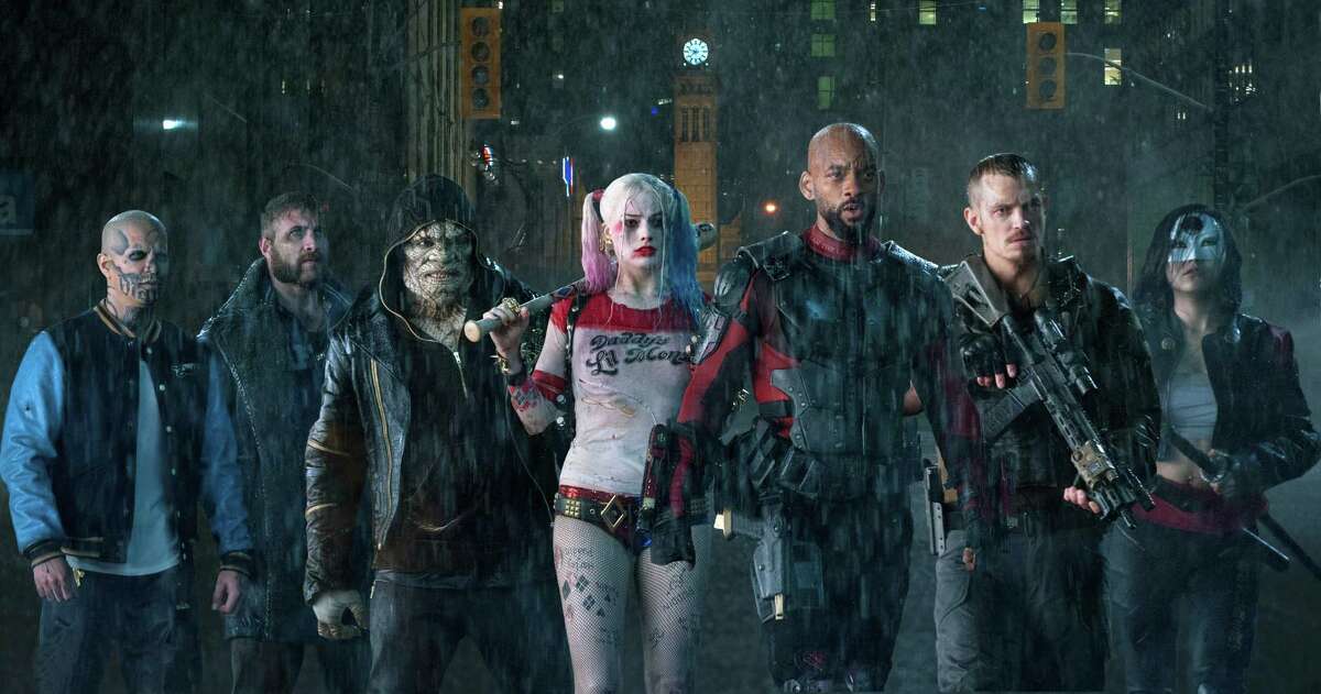 This image released by Warner Bros. Pictures shows, from left, Jay Hernandez as Diablo, Jai Courtney as Boomerang, Adewale Akinnuoye-Agbaje as Killer Croc, Margot Robbie as Harley Quinn, Will Smith as Deadshot, Joel Kinnaman as Rick Flag and Karen Fukuhara as Katana in a scene from "Suicide Squad."