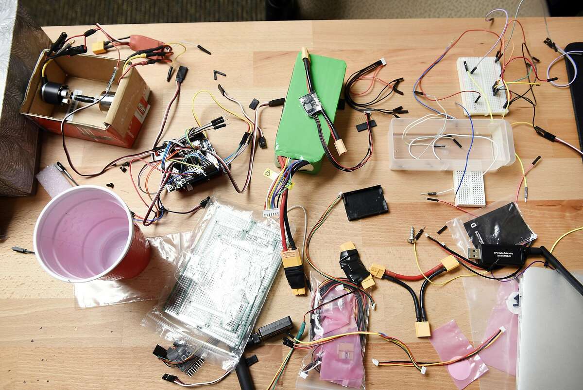 A table is littered with parts used in drone making at Sky Front's offices in Menlo Park, CA Thursday, August 4th, 2016.
