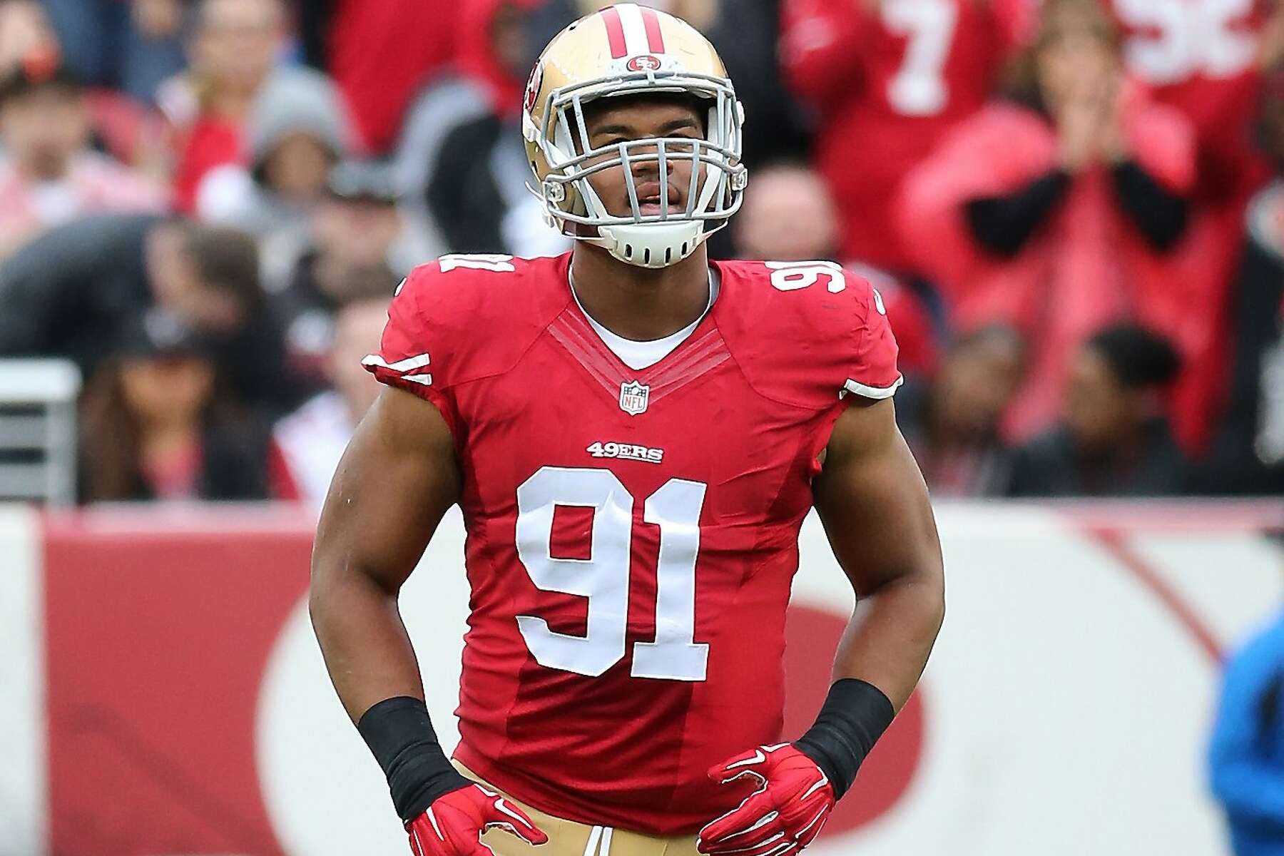 San Francisco 49ers defensive lineman Arik Armstead (91) gets set