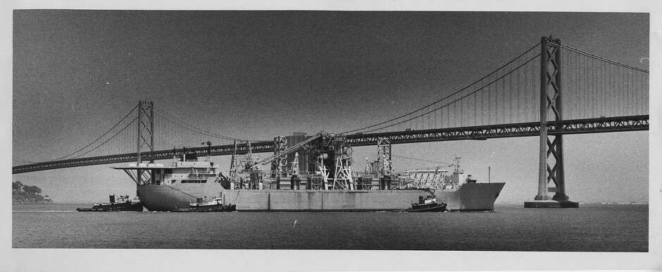 Glomar Explorer at the Bay Bridge. Photographer John O'Hara, June 1 1978.