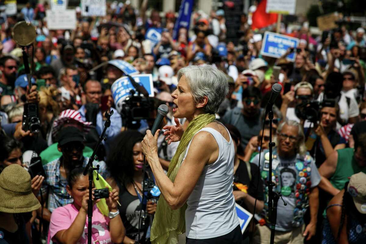 Jill Stein speaks to Bernie Sanders supporters at a rally during the 2016 Democratic National Convention on July 26 in Philadelphia. Stein is the likely Green Party presidential candidate who says Democratic candidate Hillary Clinton has all but ignored climate change.