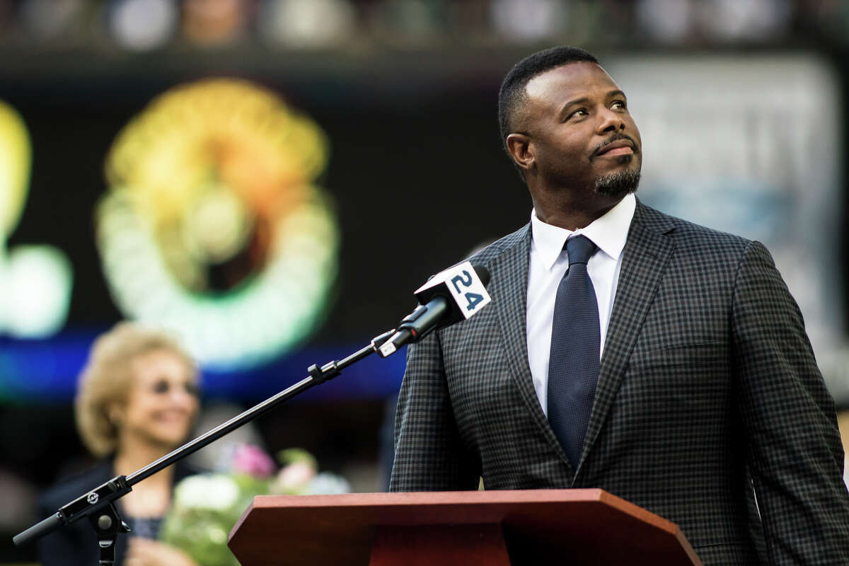 Ken Griffey Jr. looks to the crowd as they welcome him to the podium at Safeco Field during his number retirement ceremony on Saturday, Aug. 6, 2016. (Lacey Young, seattlepi.com)