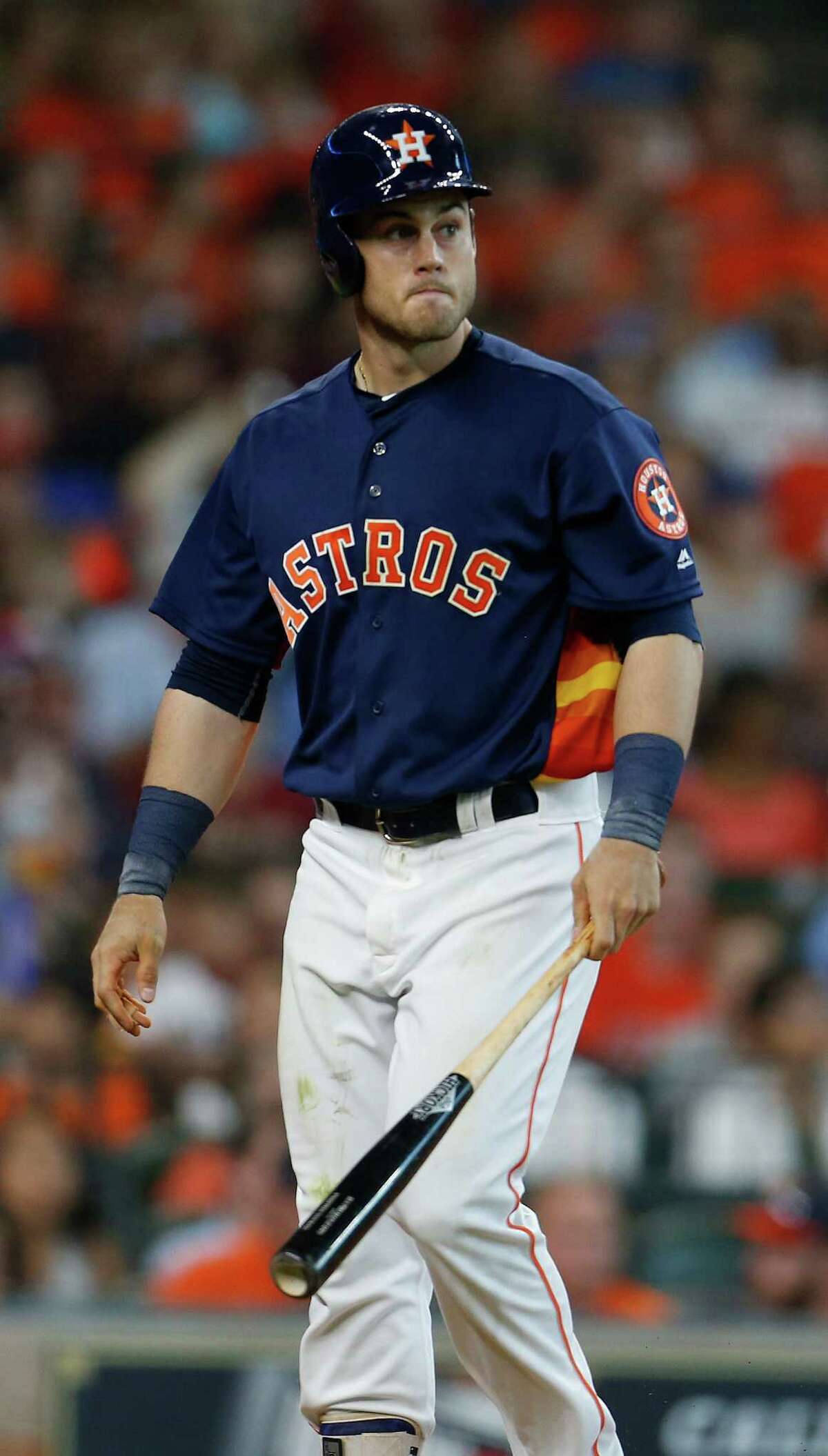 Houston Astros left fielder Preston Tucker follows the flight of