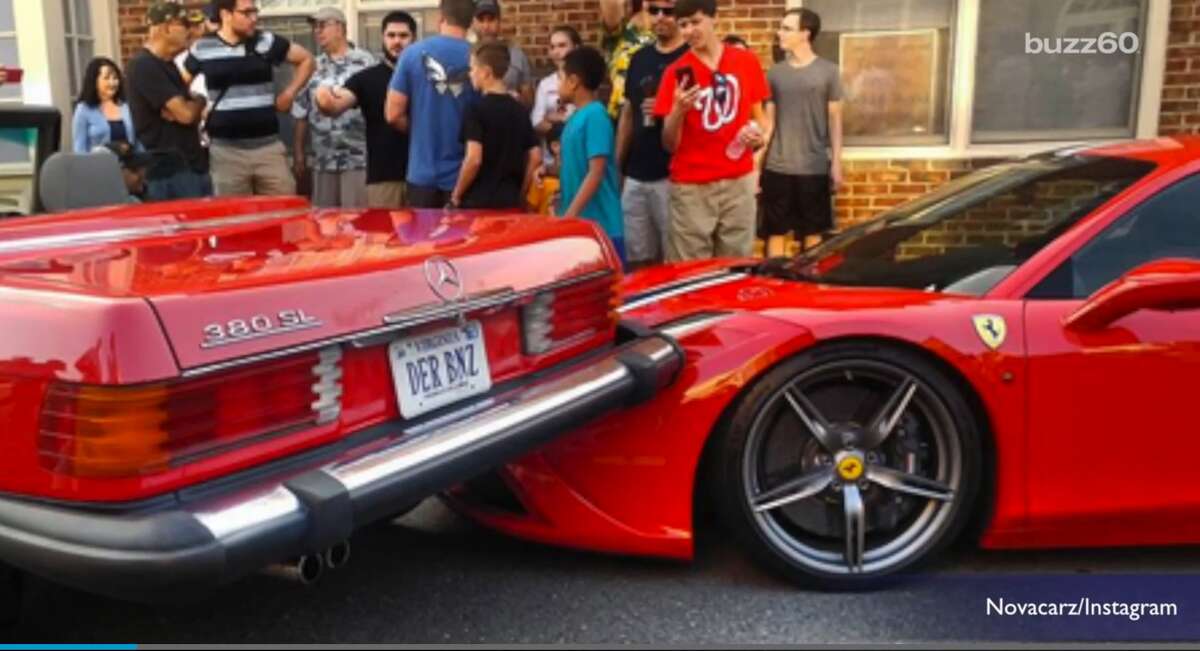 The term "car meet" was literal in Virginia over the weekend when the tail end of a vintage Mercedes Benz 380 SL met the hood of a Ferrari 458 Speciale, with an estimated $300,000 price tag, as a woman attempted to reverse out of a parallel parking space.