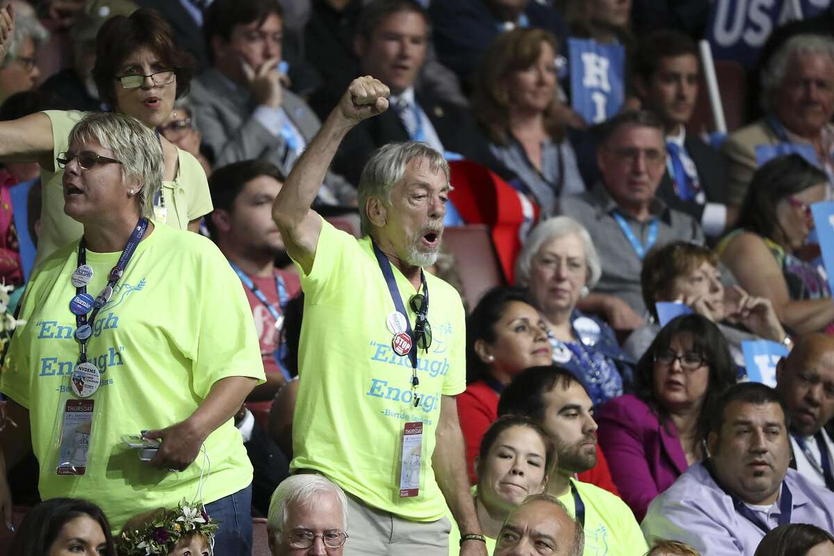 Bernie Sanders supporters, wearing green shirts, on the final day of the Democratic National Convention in Philadelphia, July 28, 2016. (Sam Hodgson/The New York Times)