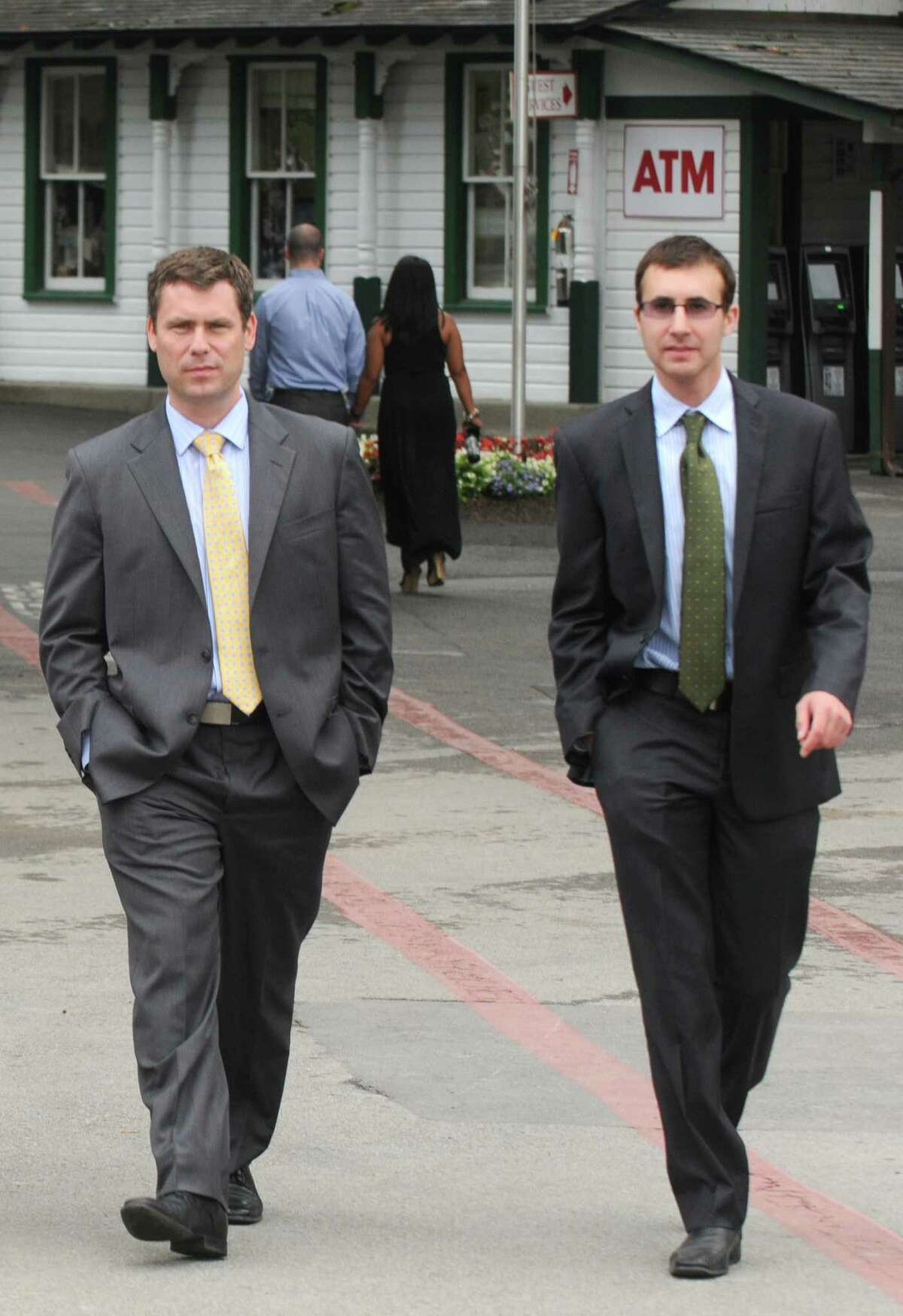 David O'Rourke, left, NYRA vice president and chief revenue officer, in 2014 with Dan Silver, at the time NYRA's director of television & interactive platforms at Saratoga Race Course. (Michael P. Farrell/Times Union)