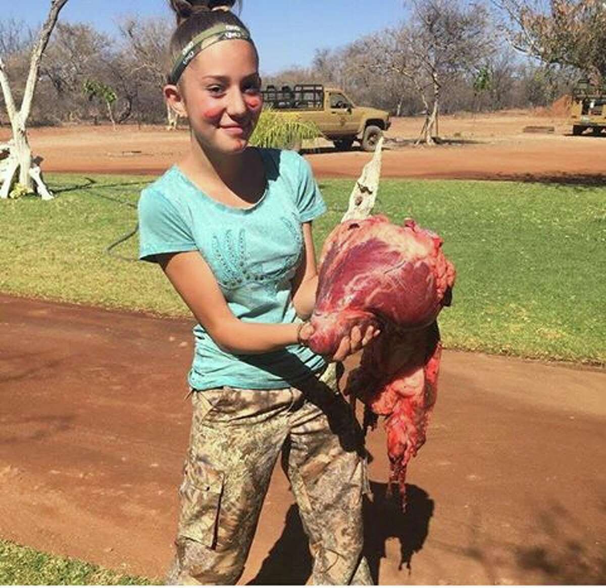 Aryanna Gourdin, 12, pictured alongside some of her recent hunts, which are causing controversy online.