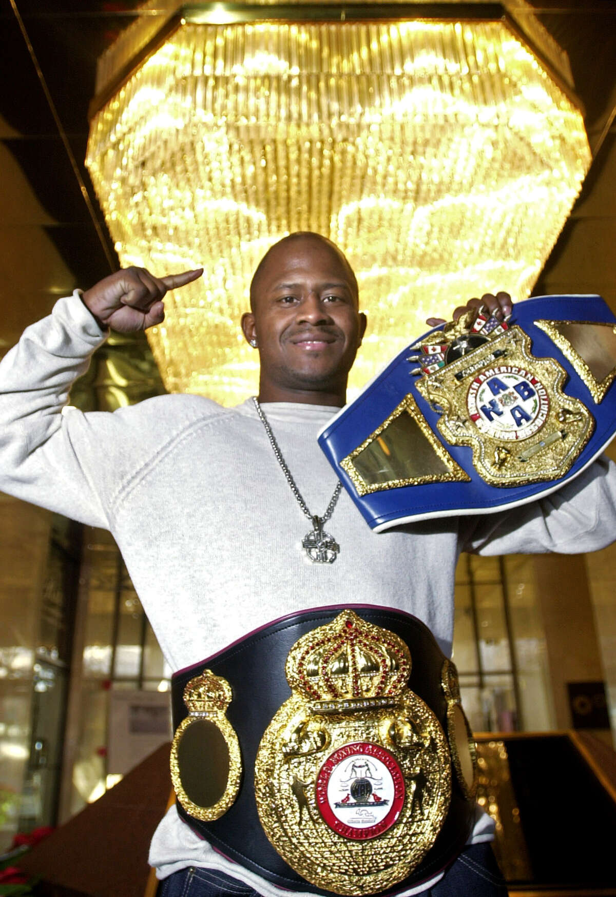 Norwalk resident Travis Simms pictured after winning the World Boxing Association Super Welterweight title Dec. 30, 2003.