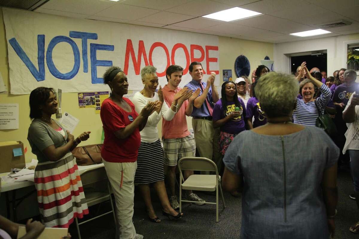 Marilyn Moore addresses supporters after declaring victory in Tuesday night’s election.