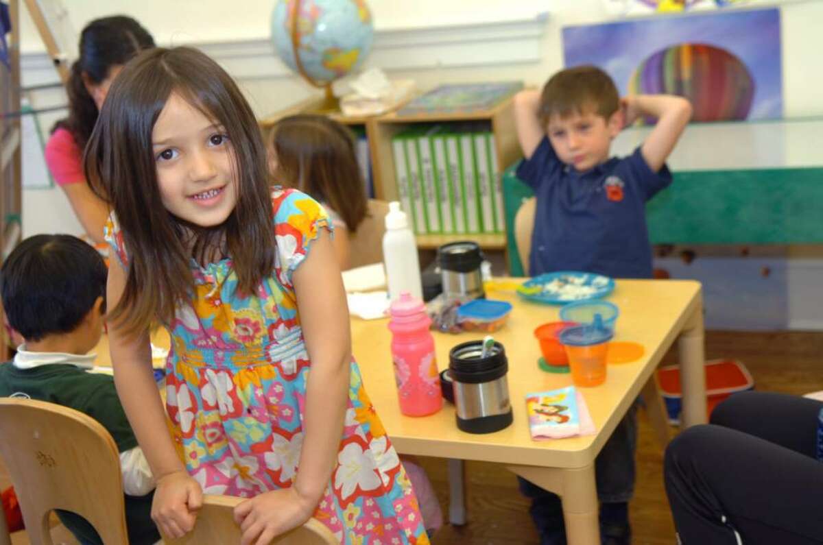 Sofia Iuteri, 5, at the Bridges School, a nursery school that recently opened on the site of a long-closed teen and community center, on Valley Road, Cos Cob on Thursday, April 29, 2010.