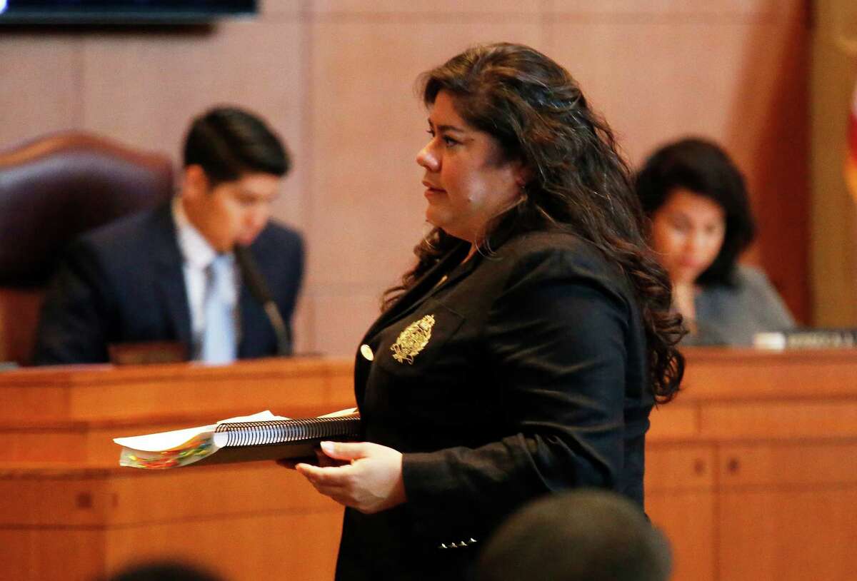 Bianca Maldonado of the Monticello Park Neighborhood Association appears at San Antonio City Council as council members prepare to vote on SA Tomorrow, on Thursday, Aug. 11, 2016. Maldonado is one of many community leaders who wanted to see stronger protections for neighborhood plans and single-family neighborhoods added to the plans. (Kin Man Hui/San Antonio Express-News)