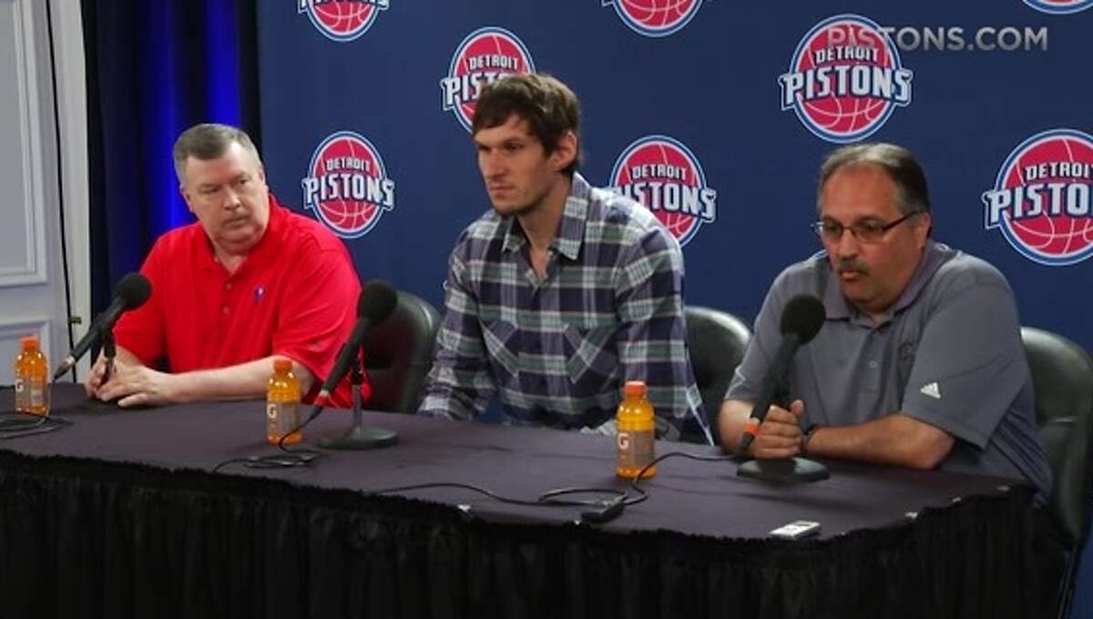 Detroit Pistons center Boban Marjanovic is introduced during a press conference. Mrjanovic was formerly with the San Antonio Spurs. 