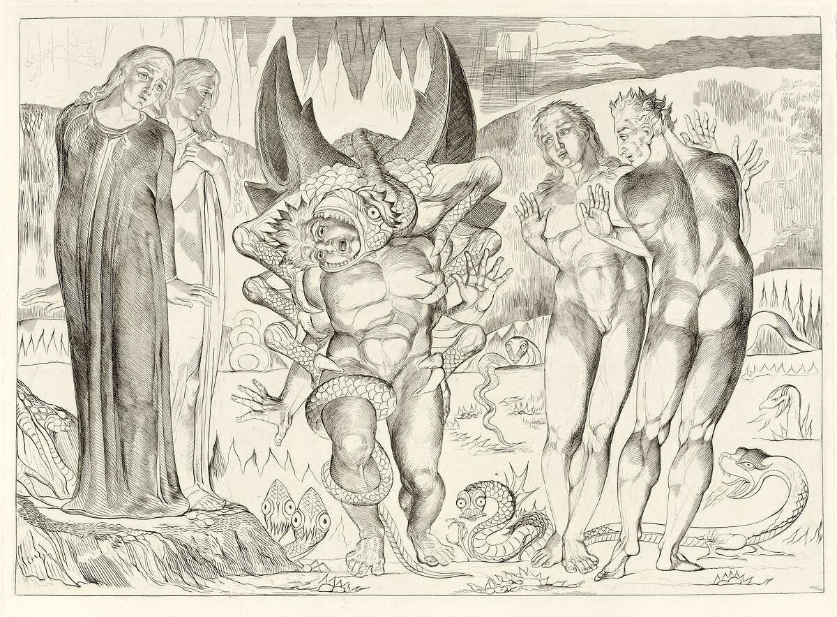 William Blake, “Circle of Thieves. Agnolo Brunelleschi Attacked by a six-footed serpent” (1838 or ca. 1892)