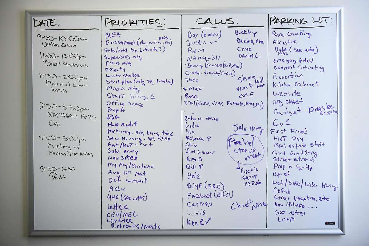 A white board with a large "To Do List" is seen on the wall in the office of Jeff Kositsky, Director of the Department of Homelessness, in San Francisco, CA Thursday, August 11th, 2016.
