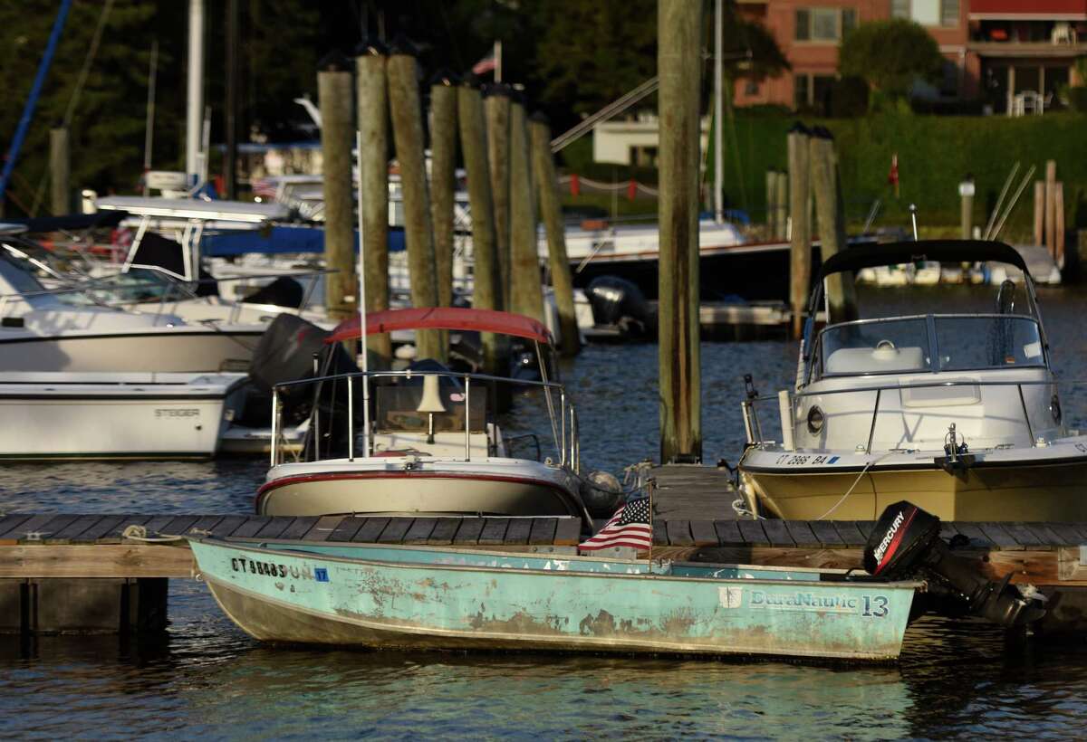 Boats are docked at the Grass Island Marina in Greenwich Harbor in Greenwich.
