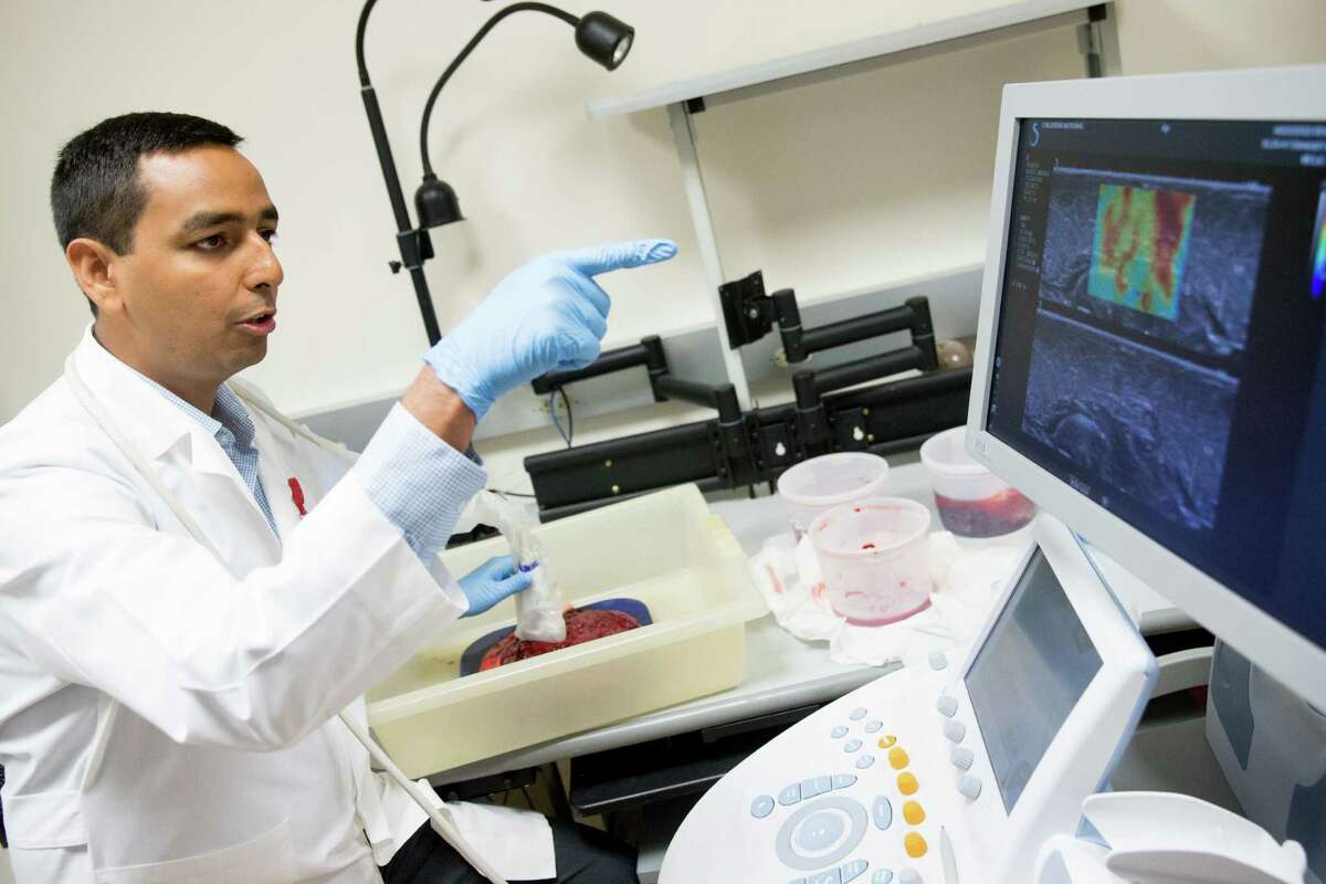 Research and Development Engineer Avinash Eranki examines a donated placenta as researchers are working to create a 3D bioprinted version to study preeclampsia at Children's National Medical Center, in Washington, Wednesday, June 15, 2016. Researchers are looking into how problems with the placenta lead to health threats from preeclampsia to Zika. (AP Photo/Andrew Harnik)