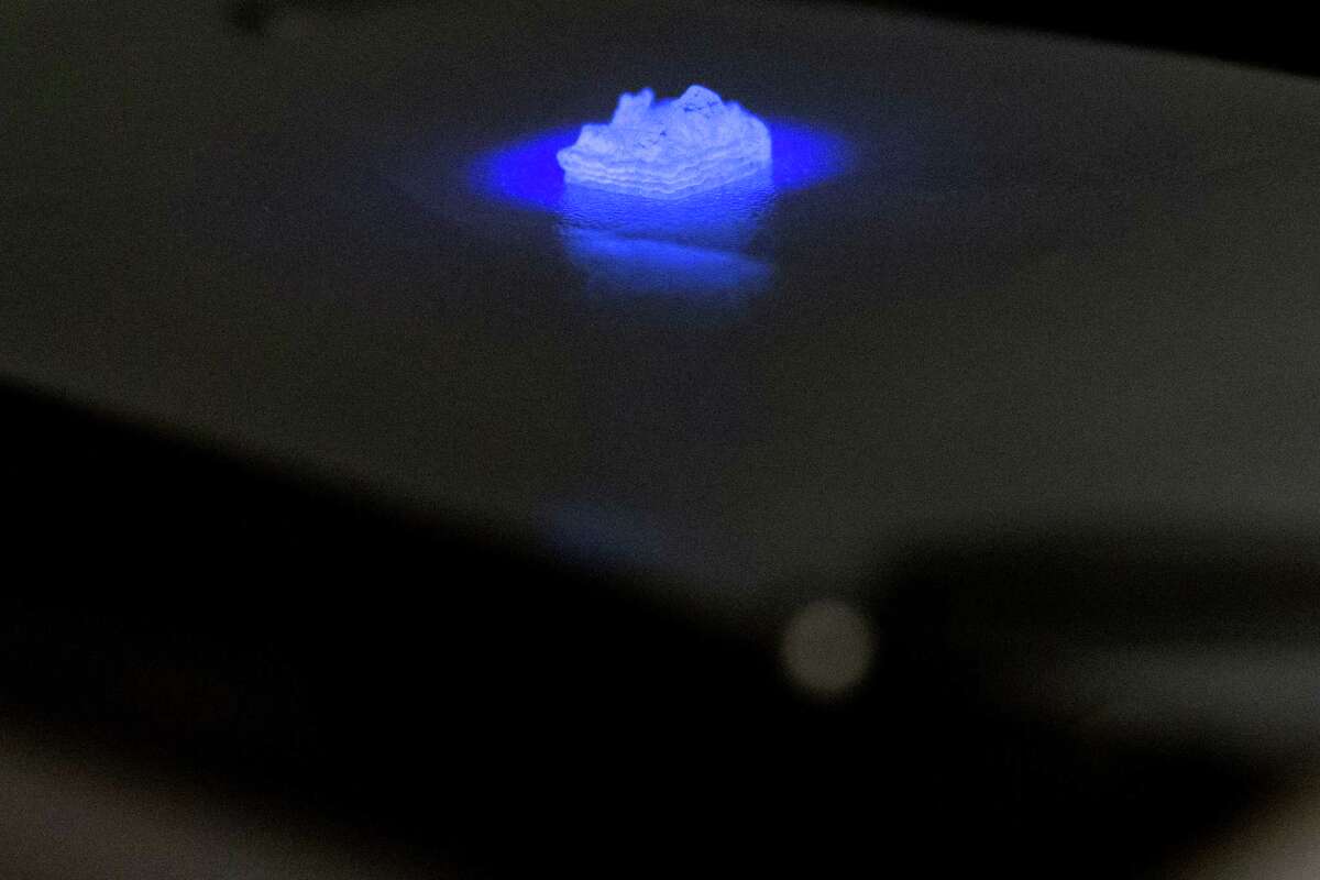 Biomedical Engineer Che-Ying Kuo demonstrates how a 3D printer can produce a model of a placenta's outer layer capable of holding growing cells at Children's National Medical Center, in Washington, Wednesday, June 15, 2016. Researchers are looking into how problems with the placenta lead to health threats from preeclampsia to Zika. (AP Photo/Andrew Harnik)