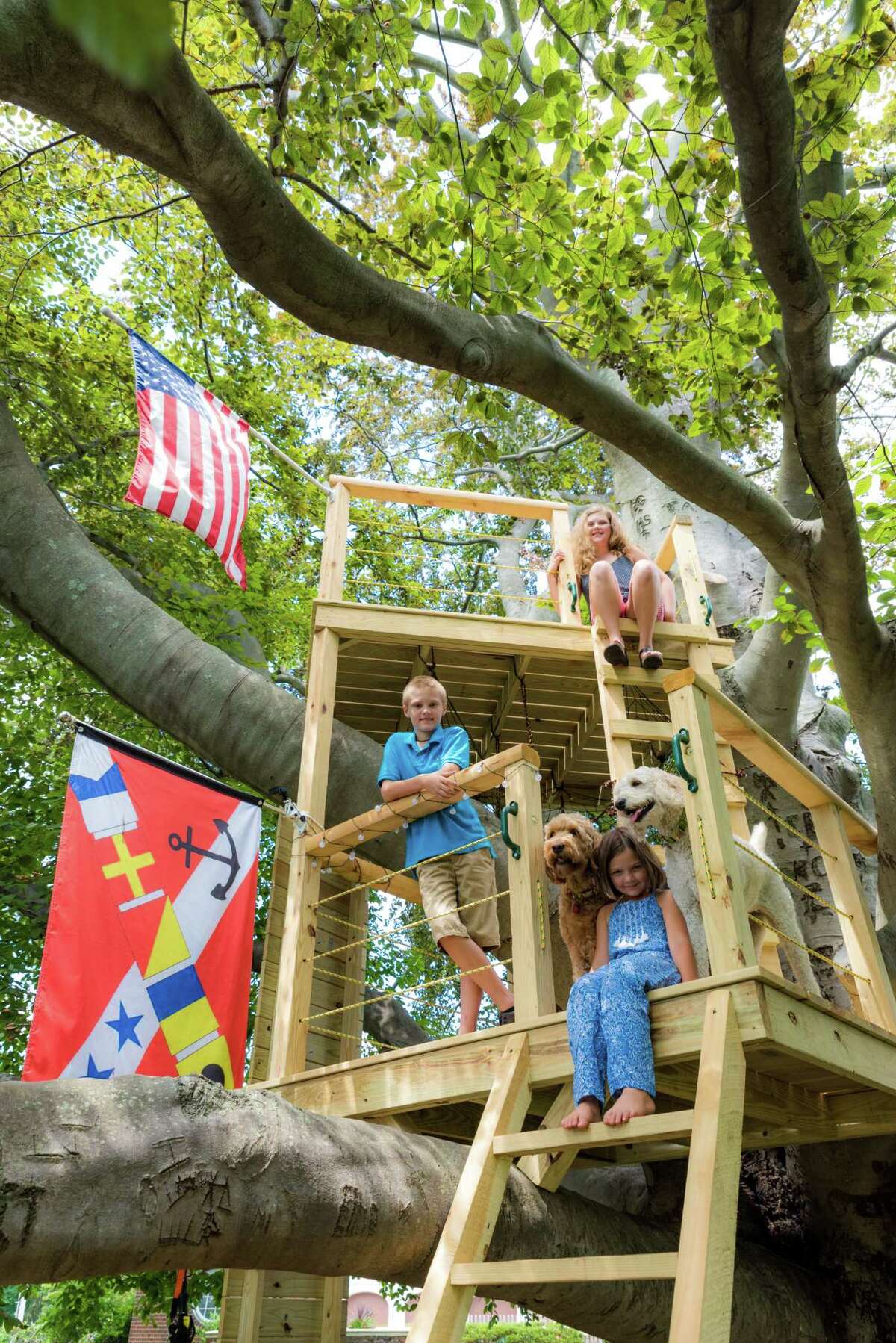 James, Grace and Rebecca Sikora, with dogs Isabella and Sadie, in their treehouse, built into one of the oldest trees in Connecticut.