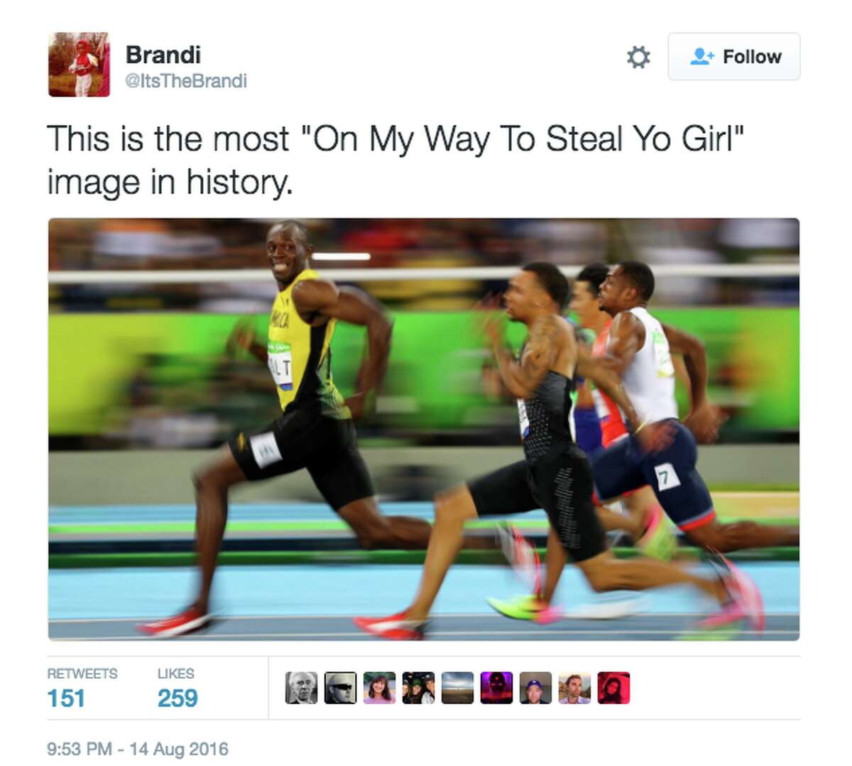 An image of a Usain Bolt meme that emerged after his dominant day at the Rio Olympics.