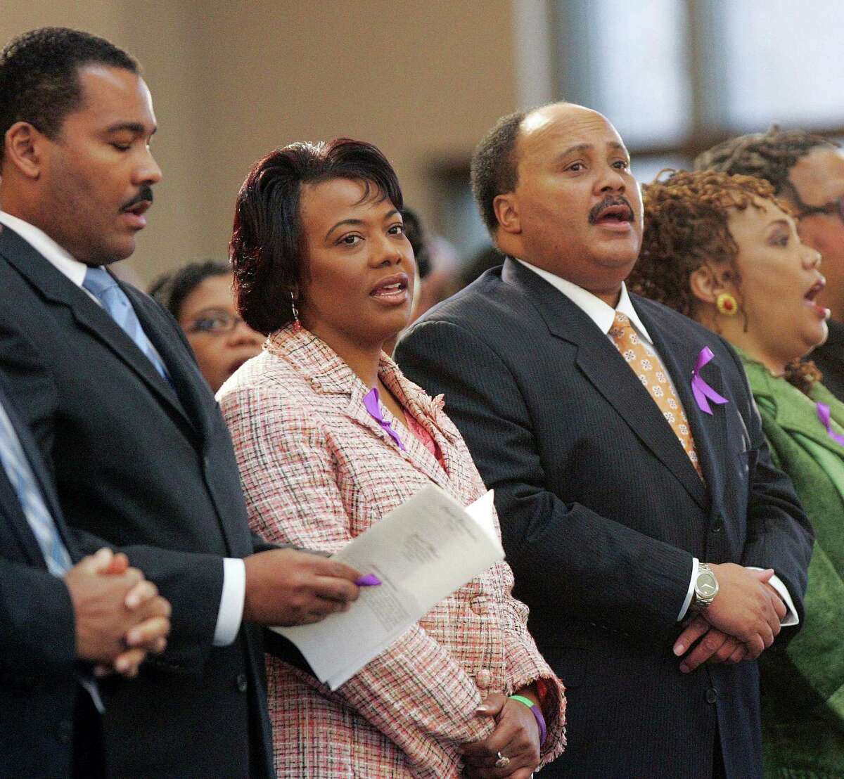 FILE - In this Feb. 6, 2006, file photo, From left to right, the children of the Rev. Martin Luther King Jr., and Coretta Scott King, Dexter Scott King, the Rev. Bernice King, Martin Luther King III and Yolanda King participate in a musical tribute to their mother at the new Ebenezer Baptist Church in Atlanta. A judge on Monday, Aug. 15, 2016, signed an order ending an ownership dispute over the Rev. Martin Luther King's traveling Bible and Nobel Peace Prize medal that had essentially pitted the slain civil rights leader's two sons against Bernice. The consent order signed by Fulton County Superior Court Judge Robert McBurney says the items are to be released to Martin Luther King III as chairman of the board of his father's estate but does not indicate what will happen to them after that. (AP Photo/John Bazemore, File) ORG XMIT: AX102