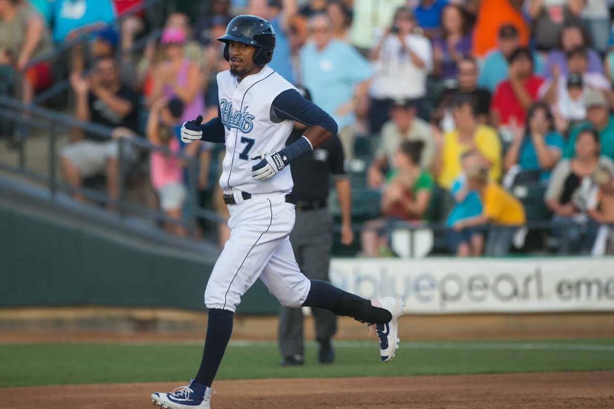 The Corpus Christi Hooks' Danry Vasquez runs to second after hitting a double during the third inning of their game against the Cardinals at Whataburger Field om Corpus Christi on Saturday, July 2, 2016.