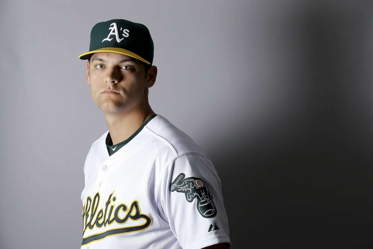This is a 2016 photo of Chad Pinder of the Oakland Athletics baseball team. This image reflects the Oakland Athletics active roster as of Monday, Feb. 29, 2016, when this image was taken. (AP Photo/Chris Carlson)