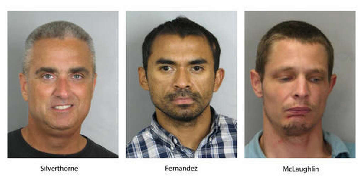 These booking photos provided by the Fairfax County, Va., Police Department show, from left, City of Fairfax, Va. Mayor Richard “Scott” Silverthorne, Juan Jose Fernandez, 34, and Caustin Lee McLaughlin, 21, both of Maryland. Silverthorne is facing drug charges after police say he was arrested in a meth-for-sex sting. Police say detectives located Silverthorne's two suppliers and they were also arrested and charged. (Fairfax County, Va., Police Department via AP)