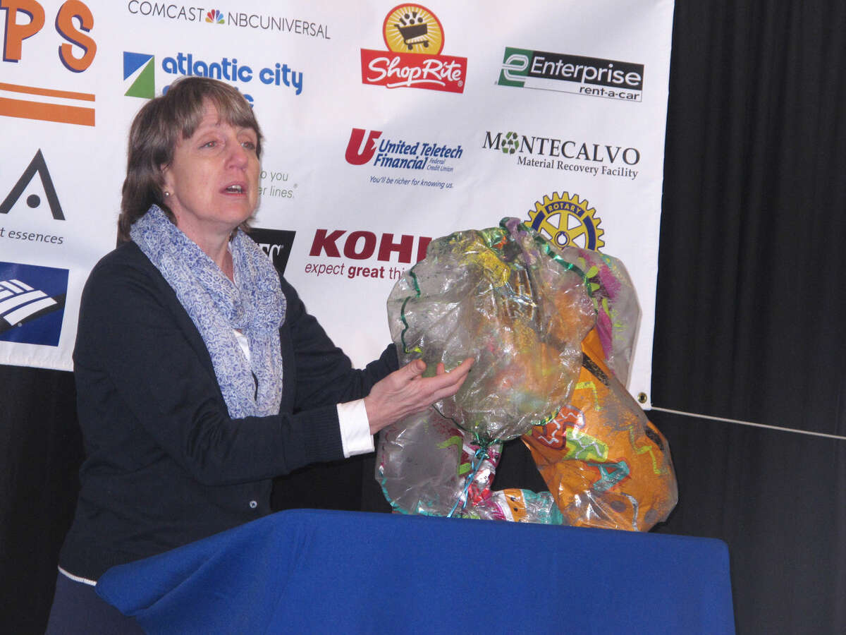 Cindy Zipf, executive director of the Clean Ocean Action environmental group, displays balloons collected from New Jersey beaches during cleanups last year. The baloons are lethal to marine life, particularly turtles that eat them, mistaking them for jellyfish. The group ran cleanups in which volunteers collected more than 332,000 pieces of trash last year. (AP Photo/Wayne Parry)