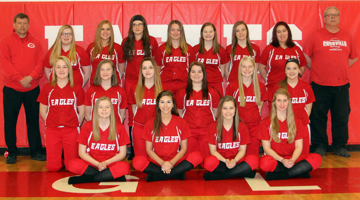 Members of the Caseville softball team are (front row from left) Kaylin Ewald, Lauren Siegfried, Chassidy Atwell and Carly Simmons (middle row) Dezi Breismiester, Madison Miller, Aleigha Powell, Cassidy McClelland, Heidi Ewald and Abby Talaski (back row) coach Ken Ewald, Natalie Campis, Rachael Simpson, Kayla Sy, Courtney Pattengill, Becca Simpson, Olivia Grates, Rachel Kessler and coach David Kessler. Missing are: Jayci Dorland, Kyah Learman and Kylie Bilkie.