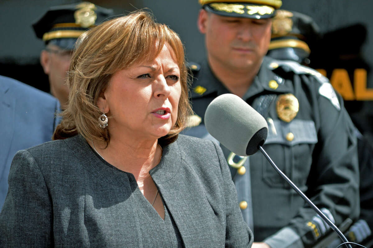 New Mexico Gov. Susana Martinez talks on a new program that will send monitors to courtrooms to watch how judges rule on cases involving suspects with multiple drunken driving convictions, during a news conference in Albuquerque, N.M., Tuesday, April 19, 2016. (AP Photo/Russell Contreras)