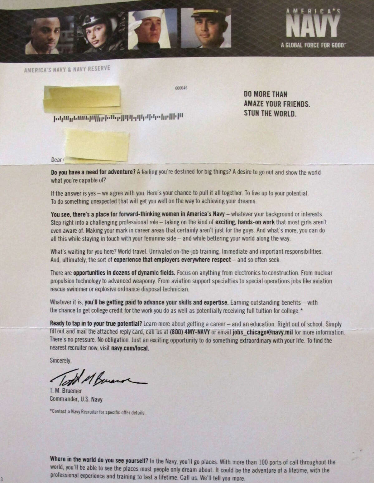 This April 19, 2016 photo shows a recruiting mailer from the U.S. Navy to potential female recruits that the Navy has scrapped. It promised women they could join while staying in touch with their feminine side. Navy officials said Tuesday April 19, 2016, they made the decision amid criticism that the wording was condescending and perpetuated stereotypes. The mailer says the Navy offers women opportunities "most girls aren't even aware of" in career areas that "aren't just for the guys... all while staying in touch with your feminine side." (AP Photo/Stott Bauer)